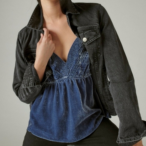 Lucky Brand Baby Doll Embroidered Velvet Sleeveless Top Blue Womens Size L - Picture 2 of 13